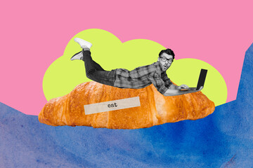 Full banner sketch photo collage of happy girl guy hold croissant bakery puff dough nutrition junk...