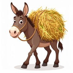 Cartoon Donkey Carrying Hay Bale On White Background