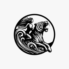 Striking Black and White Silhouette of Woman Riding Roaring Tiger in Circle.