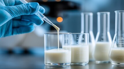 Scientist analyzing milk fat levels with pipette and labeled beakers in a clean food safety lab