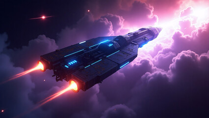 Obraz premium A futuristic spaceship flies through fluffy clouds, illuminated with blue lights and fiery engines, against a dark sky with a bright star.