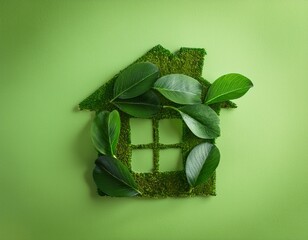 green eco house on green background leaf covered symbol of sustainability and nature