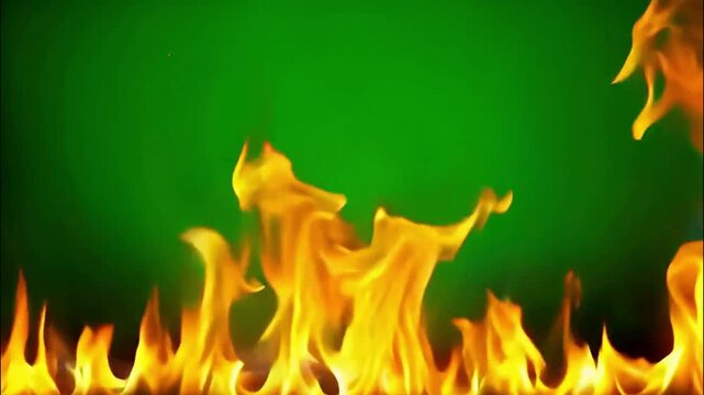 High-energy fire animation with blazing orange and red tones, isolated on a green screen, ready for use in trailers, intros, or game footage. Frame template, chroma key, and mockup.