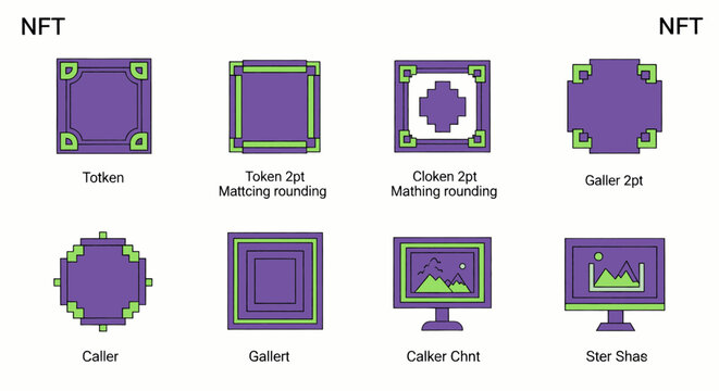 NFT icons: square, round, and monitor shapes, with purple and green pixel art design.