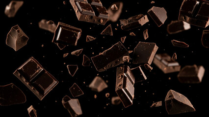 Dark chocolate chunks and pieces floating in the air on a black background