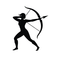 Fototapeta premium Focused archer silhouette pulling bow ready to shoot with strong stance on white background