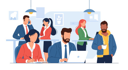 Diverse group of professionals collaborating and working in a modern business office environment, illustrating teamwork and productivity.