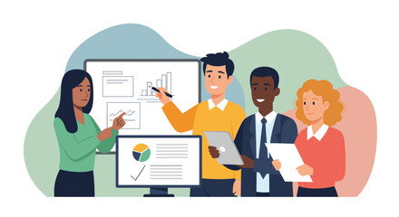 A diverse team of professionals collaborates during a presentation, analyzing data and charts displayed on a screen, fostering teamwork and business strategy.
