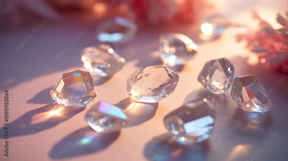 Poster clear faceted crystals scattered with soft light and shadows image