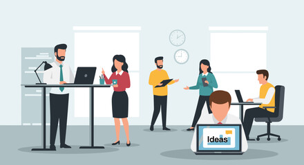 Diverse team collaborating in a modern office, brainstorming ideas and working on laptops and tablets, fostering innovation and productivity.