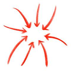 Hand drawn crayon red arrow icon. Center pointing illustration on transparent background.