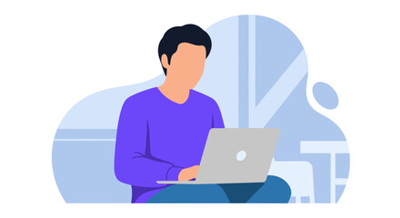 A young man sitting cross-legged and working on a laptop computer in a modern, minimalist interior space.