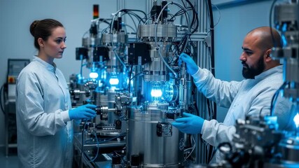 Scientific team working with advanced technological equipment, generating blue illumination while collaborating in modern laboratory environment, symbolizing innovative research