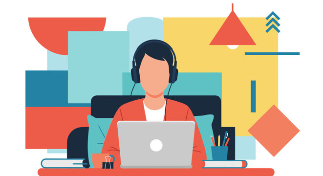 A person with headphones works on a laptop at a desk, set against a modern, colorful abstract background, illustrating remote work and online communication.