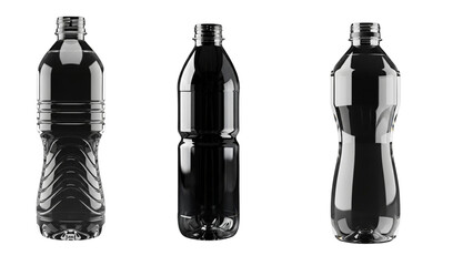 Three black plastic bottles with different shapes on a white background studio