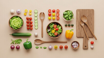 Overhead shot of salad ingredients with wooden bowl and serving utensils on tan