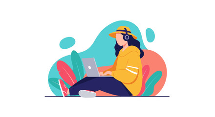 A young woman in a hat and headphones sits comfortably on the ground, working on her laptop in a modern flat illustration style.