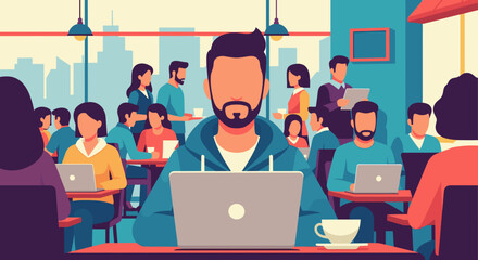 Diverse group of people working and socializing in a bright, modern coworking space with laptops and coffee.