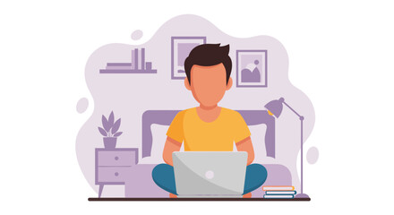 A faceless man comfortably works on his laptop while sitting cross-legged on the floor in a cozy bedroom setting, illustrating remote work or study.