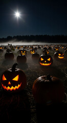 A pumpkin patch at night, with mist crawling along the ground and moonlight illuminating the silhouettes of the pumpkins. Some pumpkins appear to have sinister expressions due to natural shadows, even
