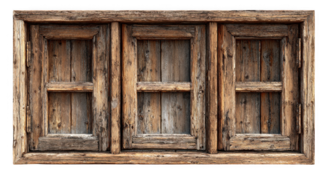A rustic, weathered wooden window frame with three panels and shutters, isolated on a transparent background