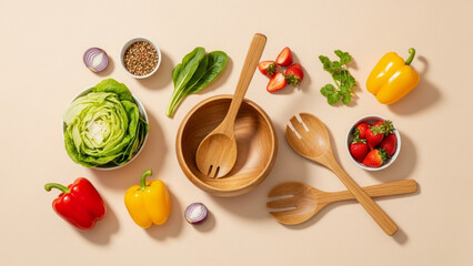 Overhead shot of salad ingredients with wooden bowl and serving utensils on tan
