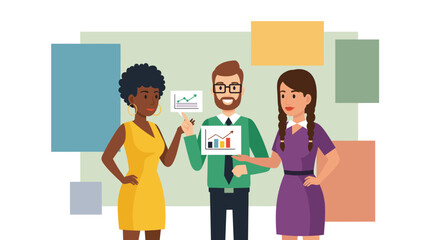 Obraz premium A diverse team of three business professionals collaborate on a project, analyzing charts and graphs to identify trends and strategies for success in a modern office setting.
