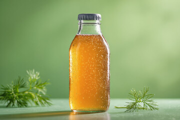 A clear glass bottle filled with amber liquid sits on a surface against a blurred green background, accented by sprigs of dill.