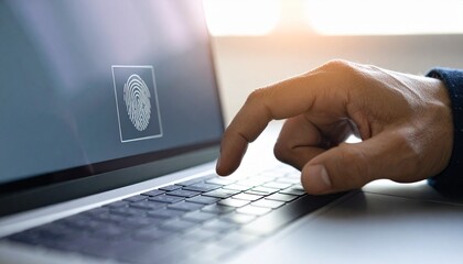 Businessman scanning his fingerprint on a laptop computer, ensuring secure access to sensitive data and systems while utilizing advanced biometric technology for enhanced privacy and protection