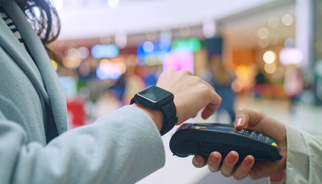 Businesswoman using smartwatch to make a contactless payment transaction at a pos terminal held by a cashier, inside of a brightly lit shopping mall