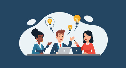Diverse team members collaborate on innovative ideas, brainstorming solutions with laptops and lightbulb icons against a modern, minimalist dark blue background.