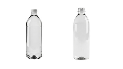 Two clear plastic water bottles one with a cap and one without on white background