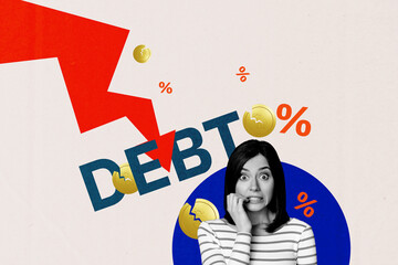 Poster trend sketch template 3D collage of young lady confused debt percent earnings economy loss...