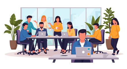 Diverse team collaborates in a modern office, brainstorming ideas and working on laptops, fostering a creative and inclusive work environment with plants and natural light.