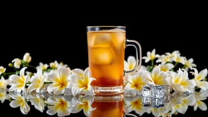 Close-up of Teh Botol surrounded by fresh jasmine flowers and ice cubes on a reflective black surface, studio lighting setup, product shot style