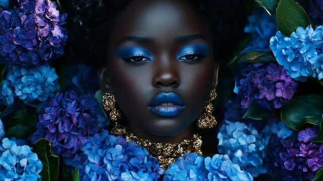 Stunning Woman with Blue Makeup Surrounded by Hydrangeas in a Video Frame