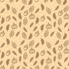 Seamless Autumn Pattern with Acorns, Leaves, and Pumpkins in Brown Tones