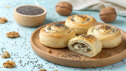 Delicious homemade pastry swirls with chia seeds on a rustic wooden plate offer a tempting treat among walnuts against a soft blue backdrop for a bakery showcase.