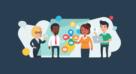 A diverse team of four professionals collaborates on a digital map, engaging with various communication and technology icons in a modern flat illustration style.