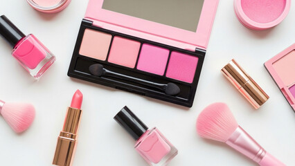 Overhead view of pink makeup including eyeshadow blush lipstick and nail polish