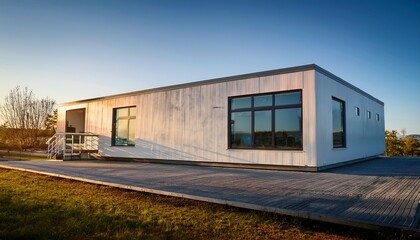 modular prefab school building highlighting passive house design minimalist scandinavian style photorealistic