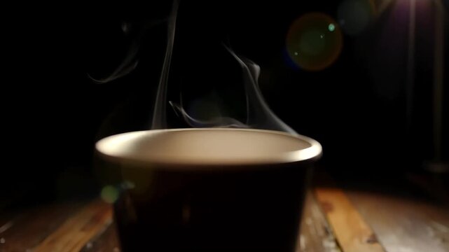 Kopi panas yang menghasilkan uap dengan tampilan dramatis dan sinematik