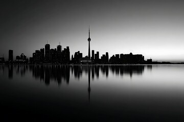 City skyline silhouette reflected in calm water.