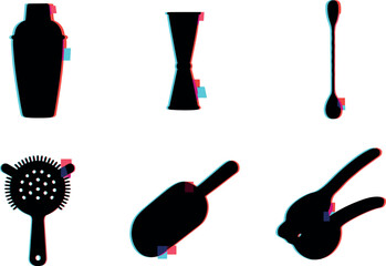 Anaglyph cocktail tools silhouettes: shaker, jigger, spoon, strainer, muddler, crusher