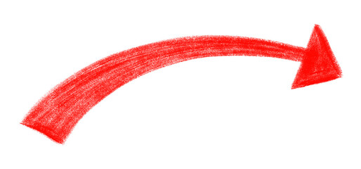 Hand drawn curved red arrow symbol with transparent background. Crayon textured arrow sign.