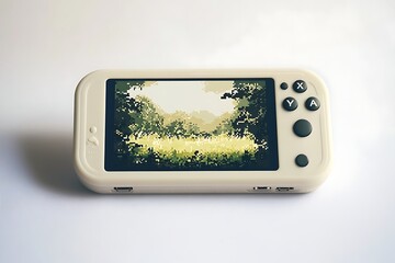 Handheld gaming console displaying pixel art landscape for retro gaming enthusiasts
