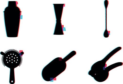 Anaglyph cocktail tools silhouettes: shaker, jigger, spoon, strainer, muddler, crusher