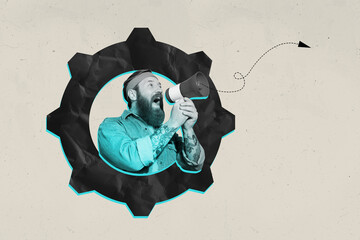 Trendy art full pop photo collage of happy man hold loudspeaker scream peek gearwheel arrow...