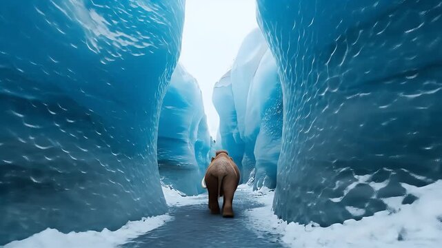 Woolly mammoth walking through icy canyon between towering glacier walls