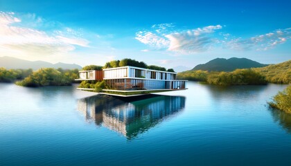 floating river hotel using recycled plastic blocks futuristic parametric design photorealistic